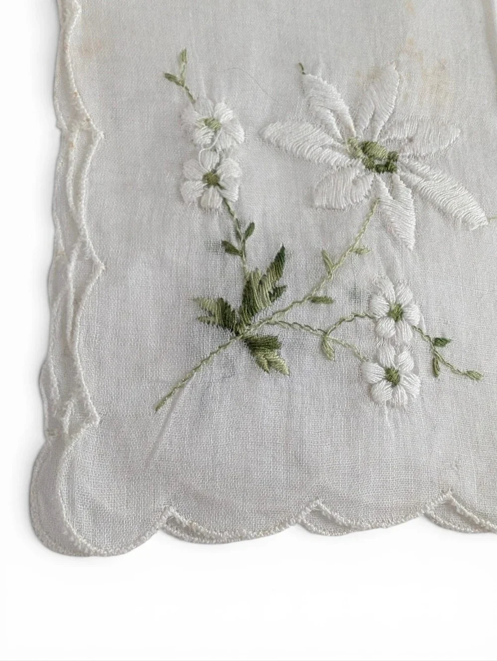 VINTAGE Hankerchief Embroidered White Linen Green Floral Design
